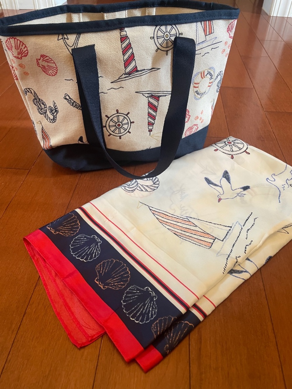 Old Navy Nautical Canvas Tote and Scarf Set in Navy, Red, Cream
